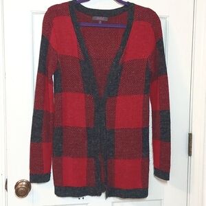 Marled red & gray plaid long cardigan, size M